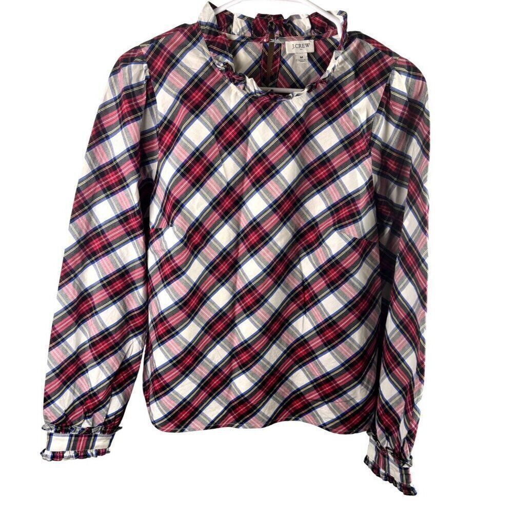 J.Crew Womens Plaid Ruffle Neck Blouse Size M Long Sleeve Holiday Plaid EUC Sz M